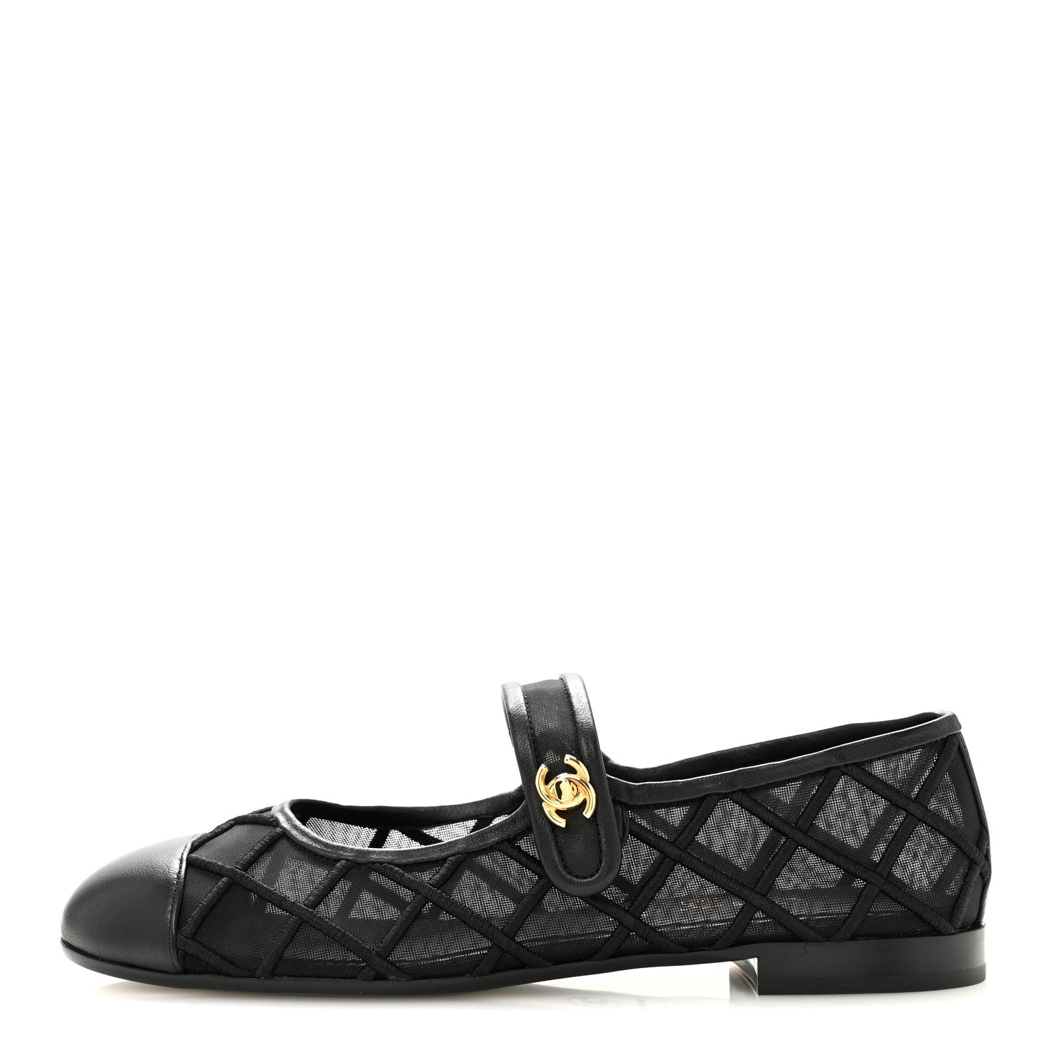 Chanel Lambskin Fabric Mesh Quilted Mary Jane Cap Toe Flats 37 Black 1 of 9