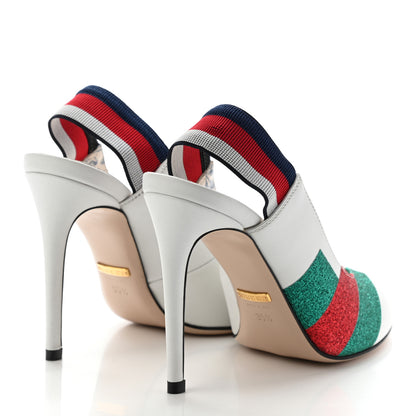 Gucci Calfskin Glitter Web High Heel Slingback Pumps 35.5 White 4 of 11