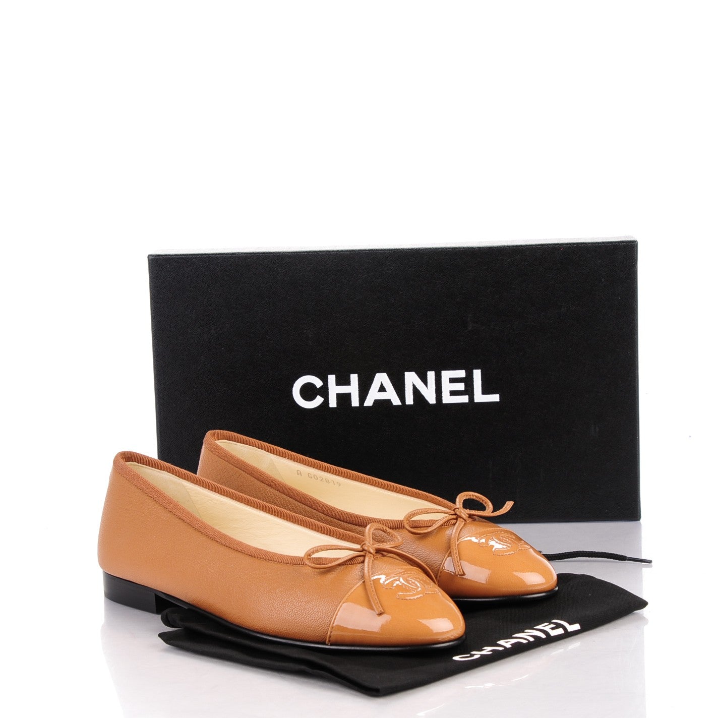 Patent Goatskin Cap Toe Ballerina Flats 36 Camel