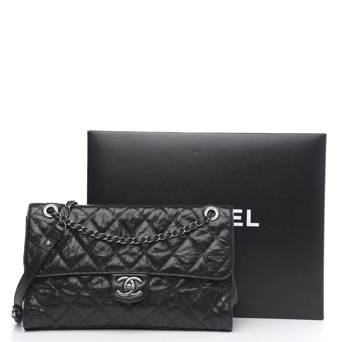 Crumpled Grained Calfskin Jumbo CC Crave Flap Black