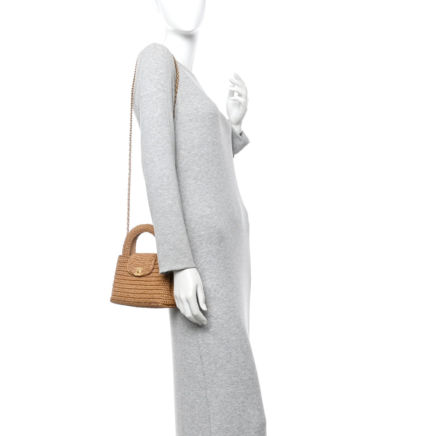 Braided Raffia Nano Kelly Flap Bag Dark Beige