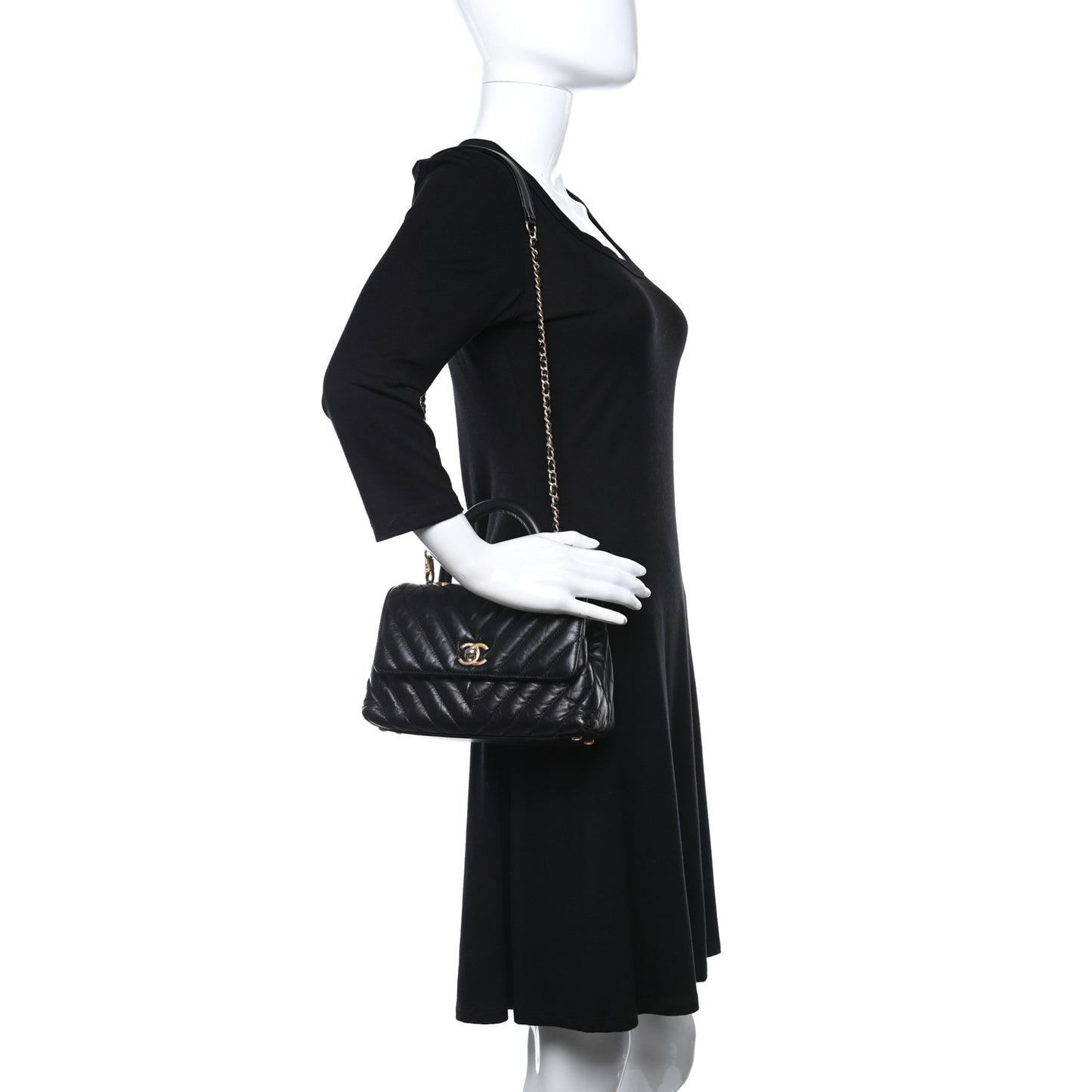 Aged Calfskin Chevron Quilted Mini Coco Handle Flap Black