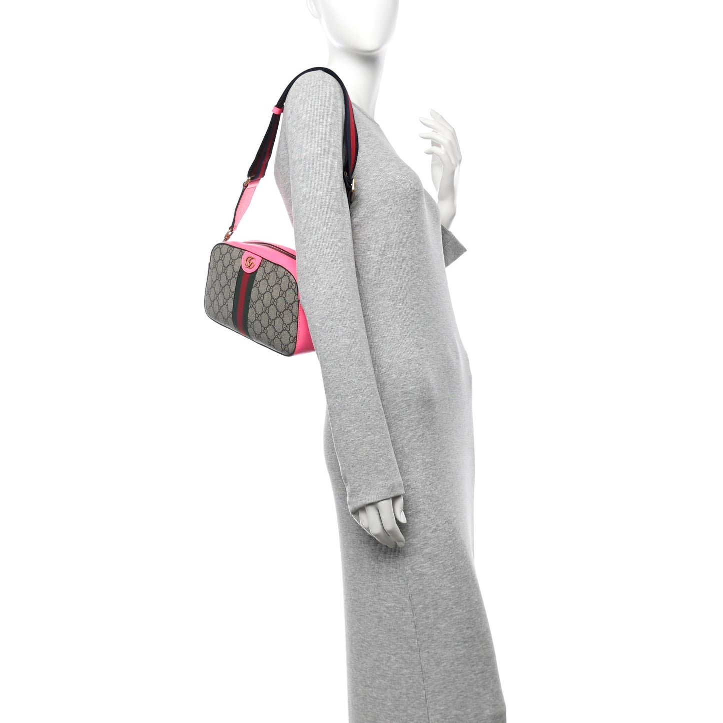GG Supreme Monogram Textured Dollar Calfskin Web Ophidia Small Crossbody Bag Beige Ebony Fuchsia