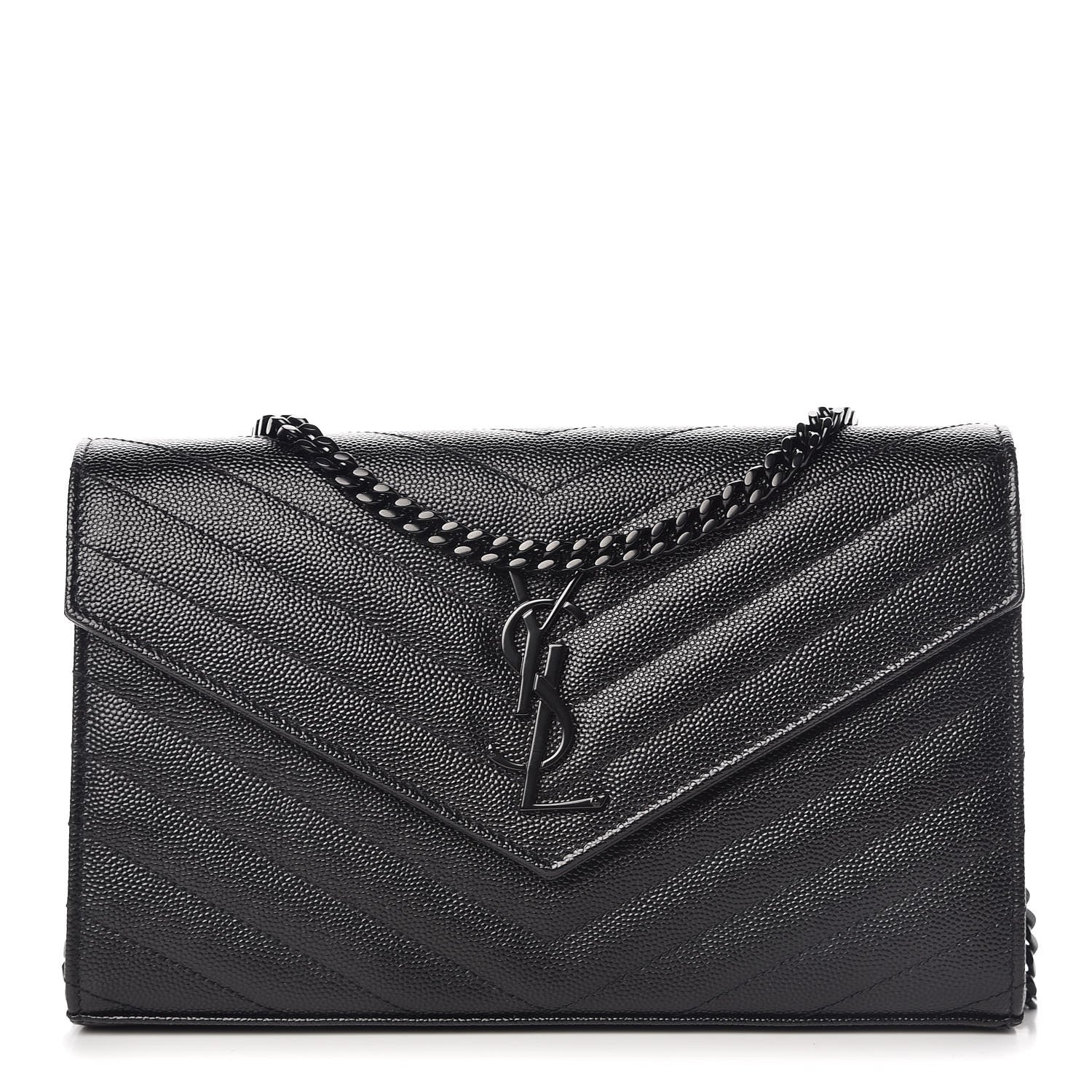 Saint Laurent Grain De Poudre Matelasse Chevron Monogram Chain Wallet Black 1 of 8