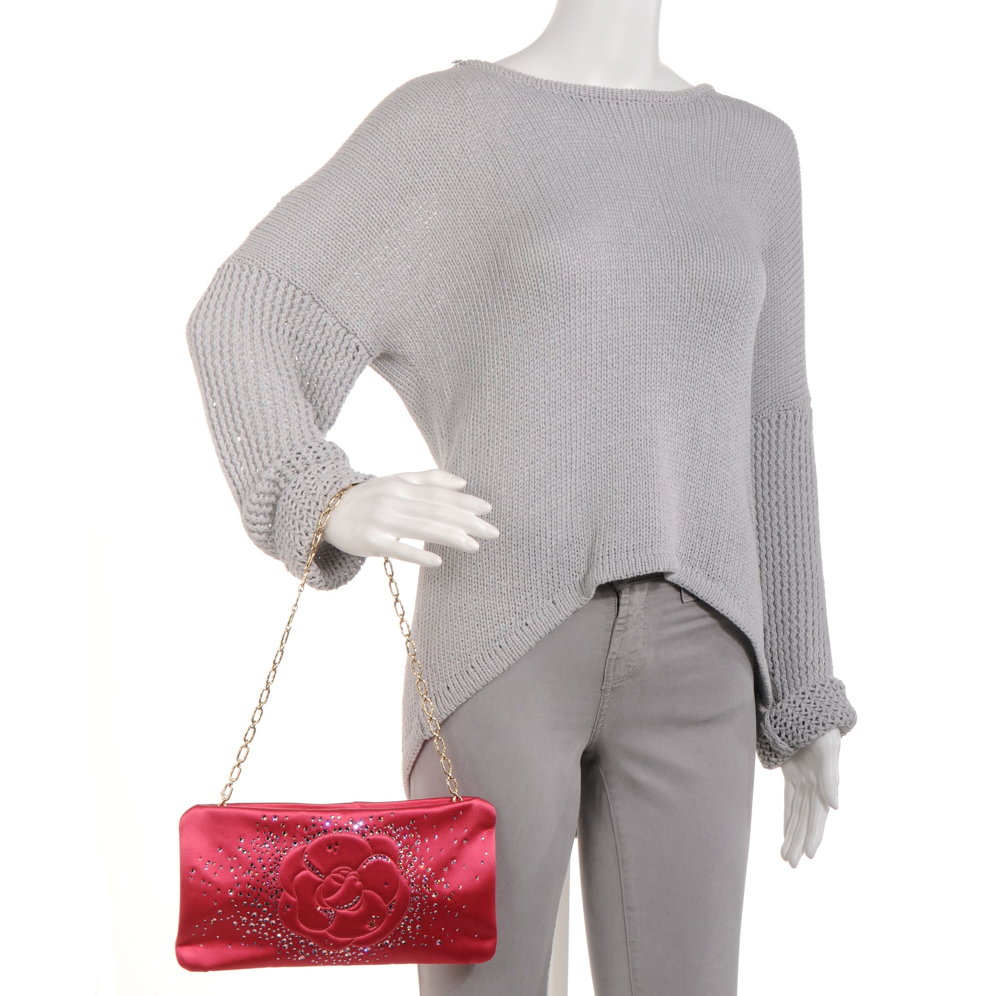 Chanel Satin Diamante Camellia Evening Clutch Bag Pink 2 of 8