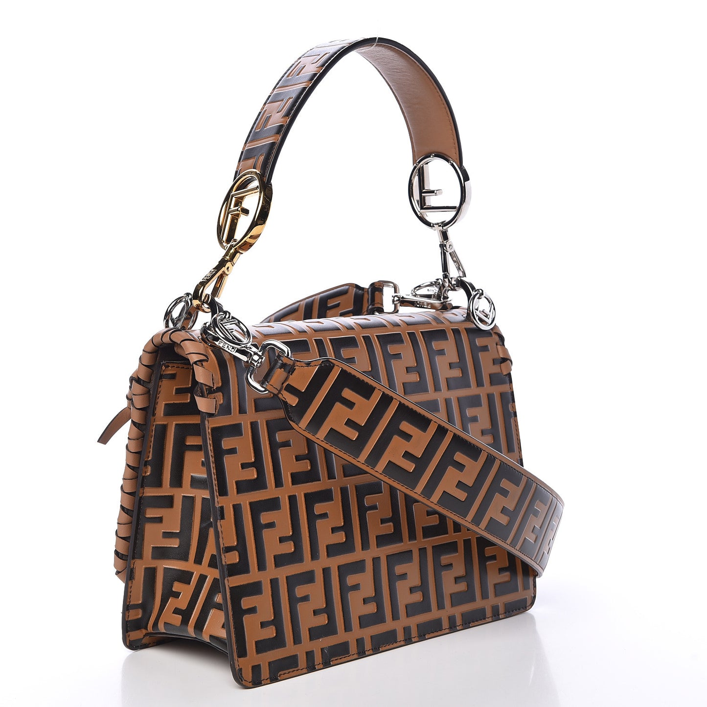 Vitello Century F is Fendi Whipstitch Threads FF Embossed Kan I Shoulder Bag Tobacco Orzo