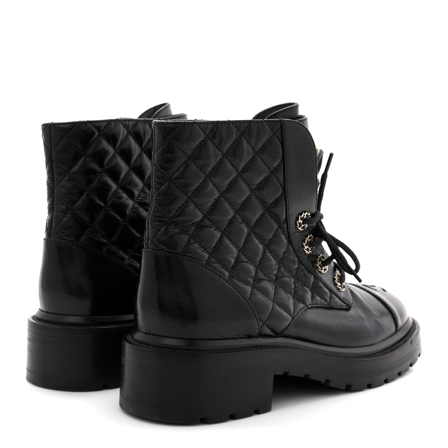 Shiny Goatskin Calfskin Quilted Lace Up Combat Boots 38.5 Black