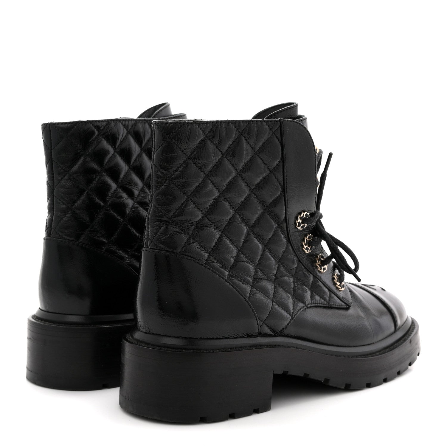 Chanel Shiny Goatskin Calfskin Quilted Lace Up Combat Boots 38.5 Black 5 of 9