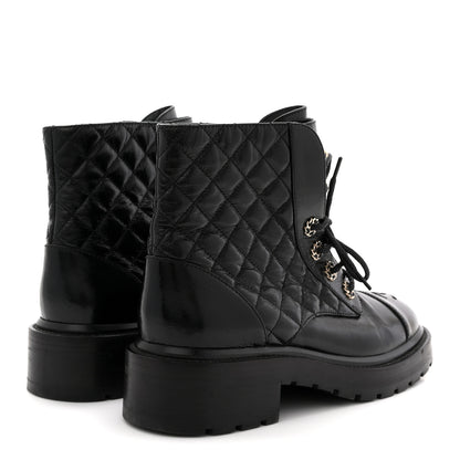 Chanel Shiny Goatskin Calfskin Quilted Lace Up Combat Boots 38.5 Black 5 of 9