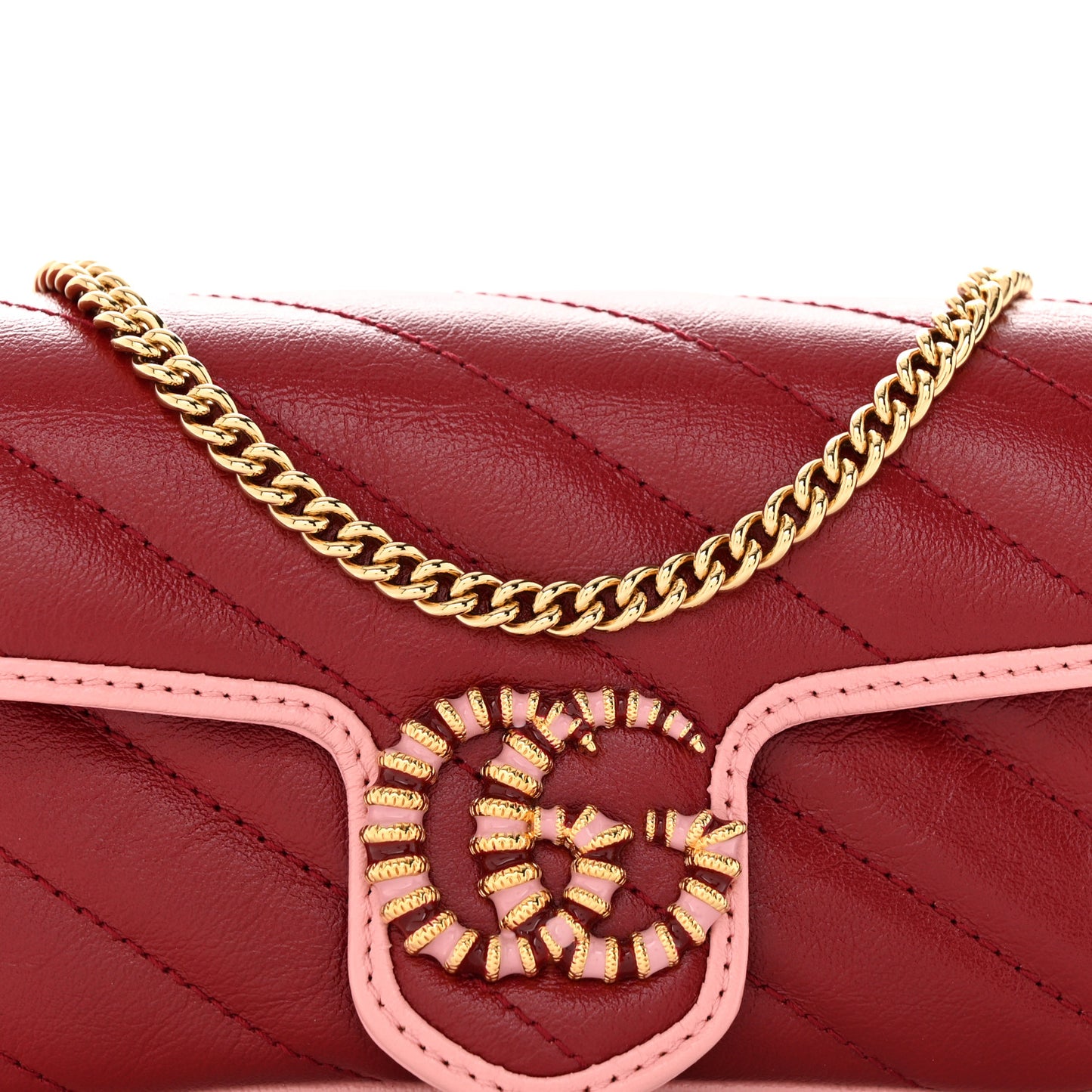 Azalea Calfskin Enamel Matelasse Diagonal Super Mini Torchon GG Marmont Shoulder Bag New Cherry Red Wild Rose