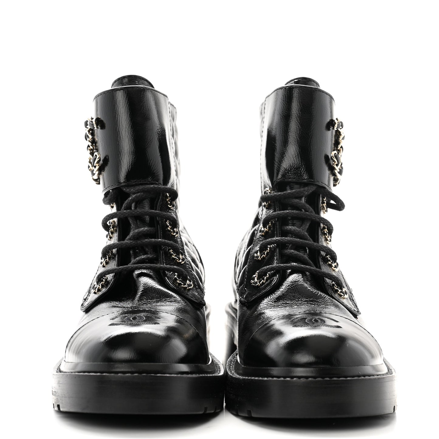 Shiny Calfskin Quilted Lace Up Combat Boots 38.5 Black