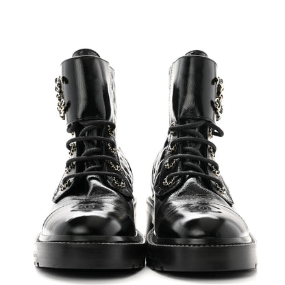 Chanel Shiny Calfskin Quilted Lace Up Combat Boots 38.5 Black 2 of 8