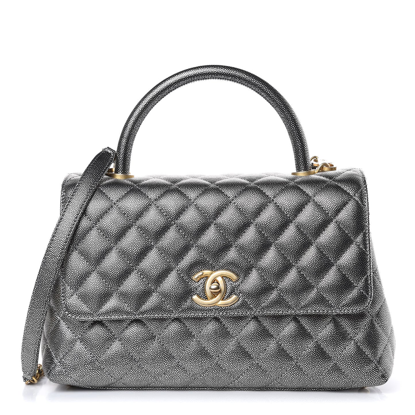 Metallic Caviar Quilted Small Coco Handle Flap Silver