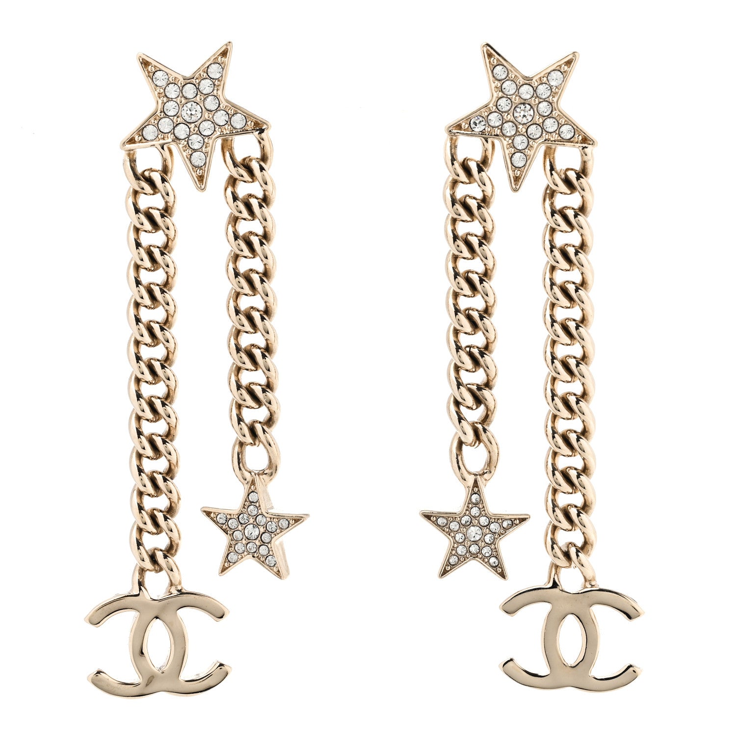 Chanel Crystal CC Star Chain Drop Earrings Gold 1 of 5