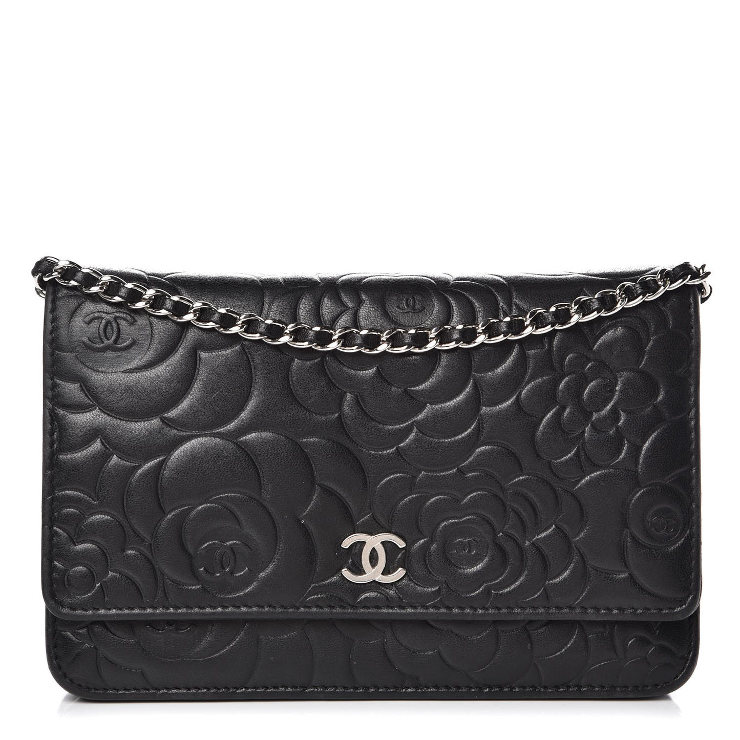 Lambskin Camellia Embossed Wallet on Chain WOC Black