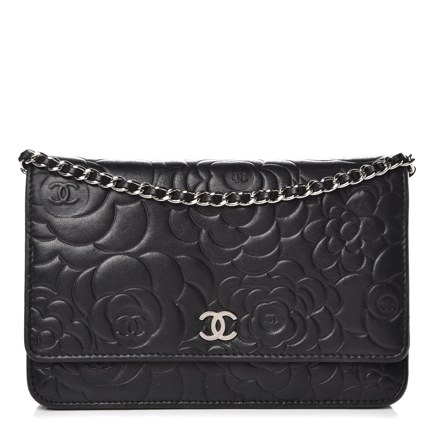 Chanel Lambskin Camellia Embossed Wallet on Chain WOC Black 1 of 16