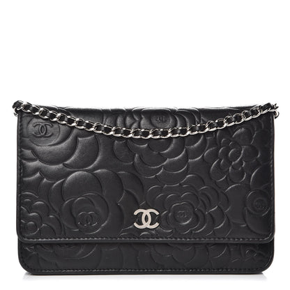 Chanel Lambskin Camellia Embossed Wallet on Chain WOC Black 1 of 16