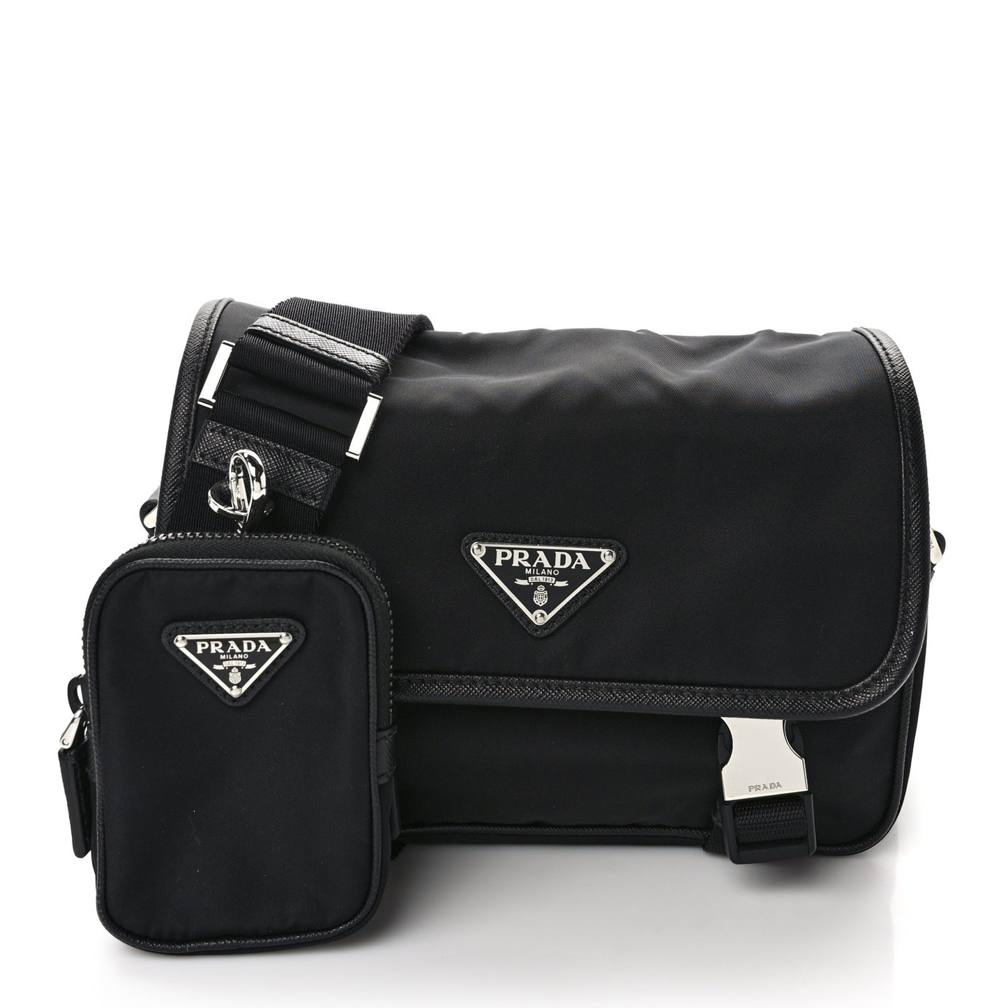 Re-Nylon Saffiano Pocket Double Snap Buckle Shoulder Bag Black
