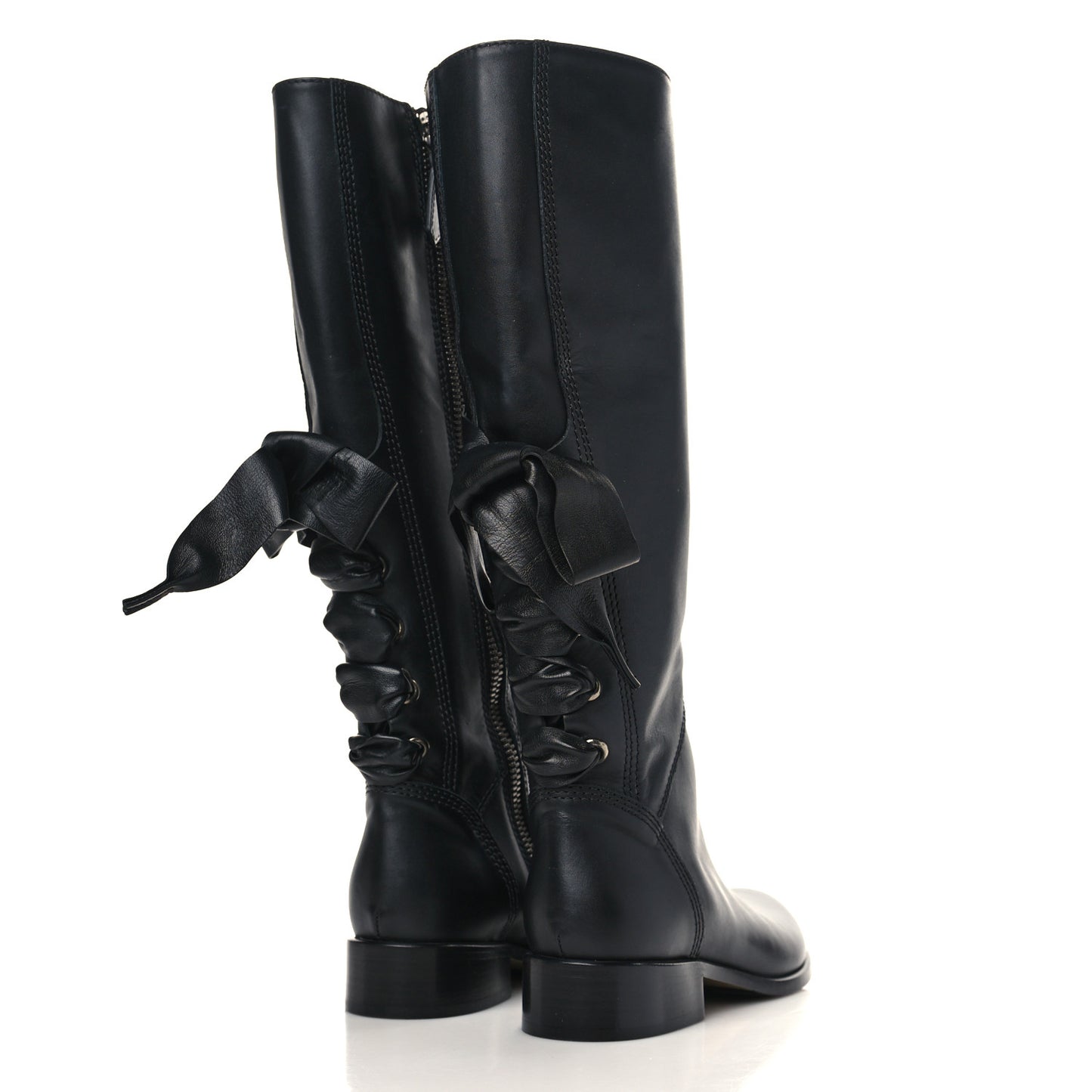 Calfskin Bow Lace Up Back Knee High Tall Boots 35 Black