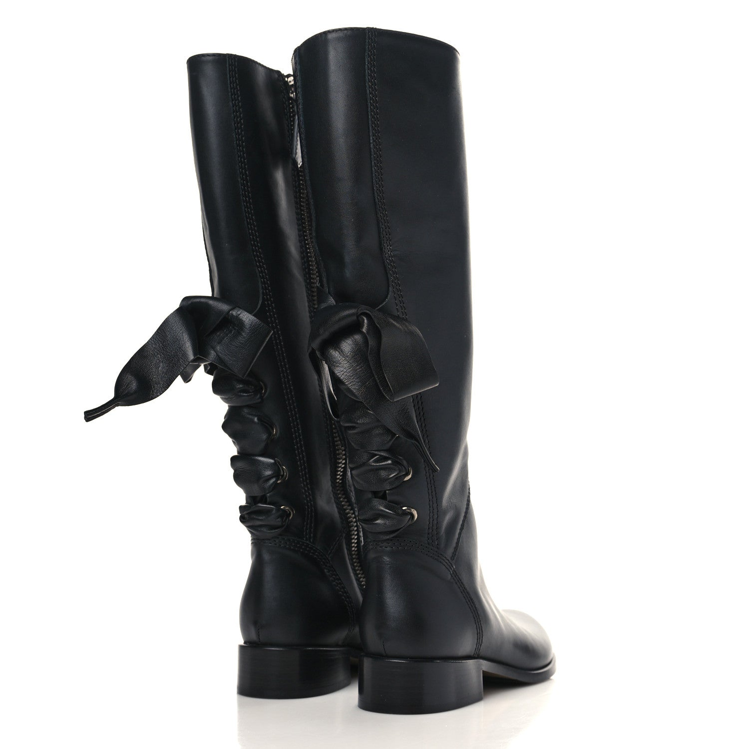 Valentino Garavani Calfskin Bow Lace Up Back Knee High Tall Boots 35 Black 4 of 8