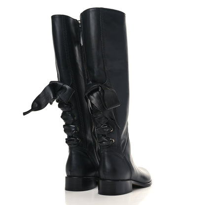 Valentino Garavani Calfskin Bow Lace Up Back Knee High Tall Boots 35 Black 4 of 8