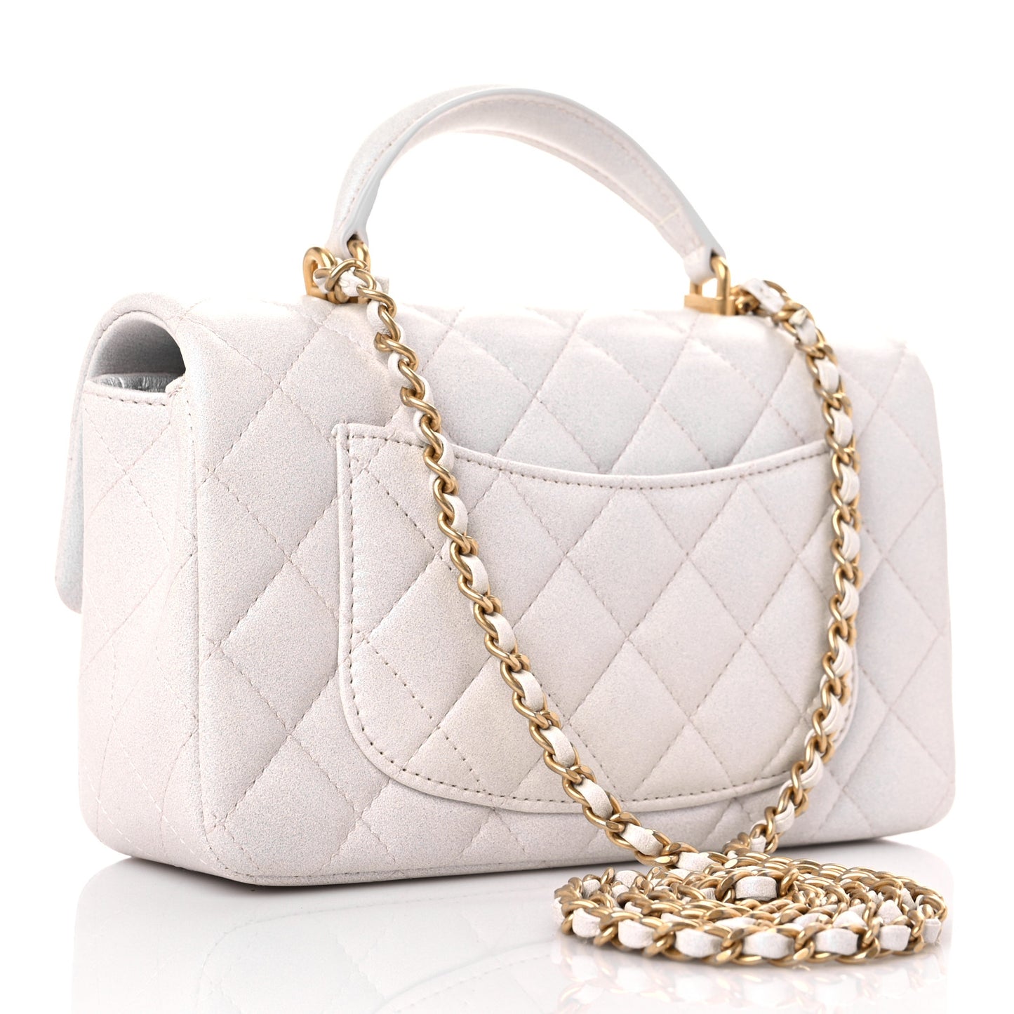 Iridescent Lambskin Quilted Mini Top Handle Rectangular Flap White