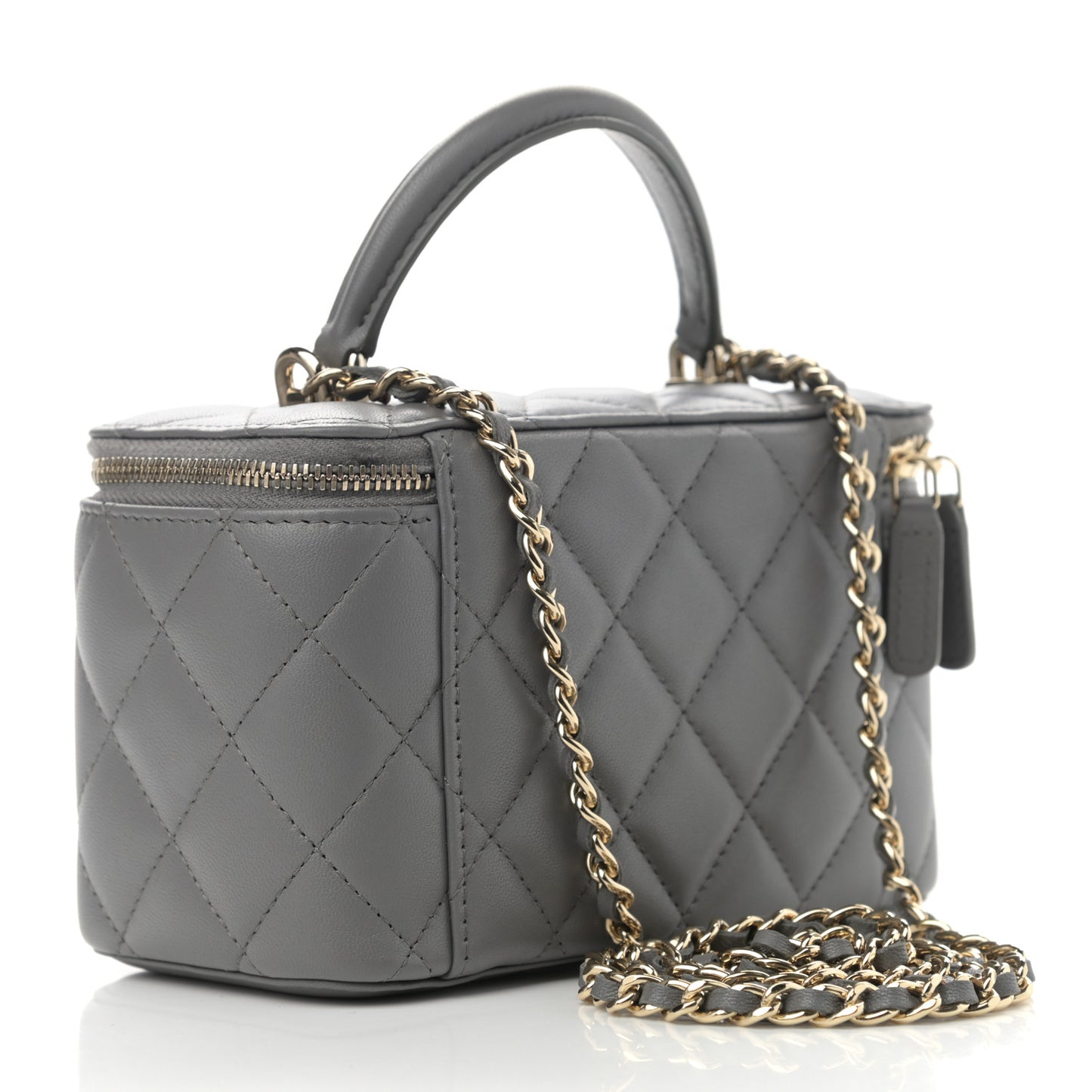 Lambskin Quilted Small Top Handle Vanity Case With Chain Dark Grey