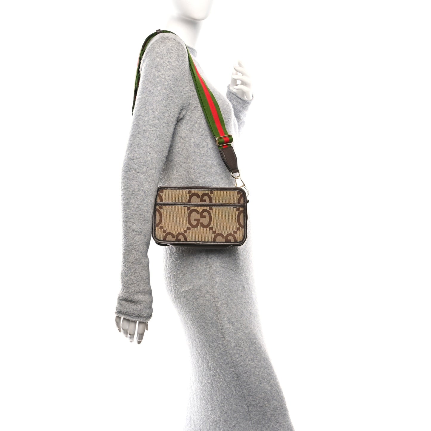 Monogram Jumbo GG Textured Dollar Calfskin Web Mini Crossbody Bag Camel Ebony New Acero