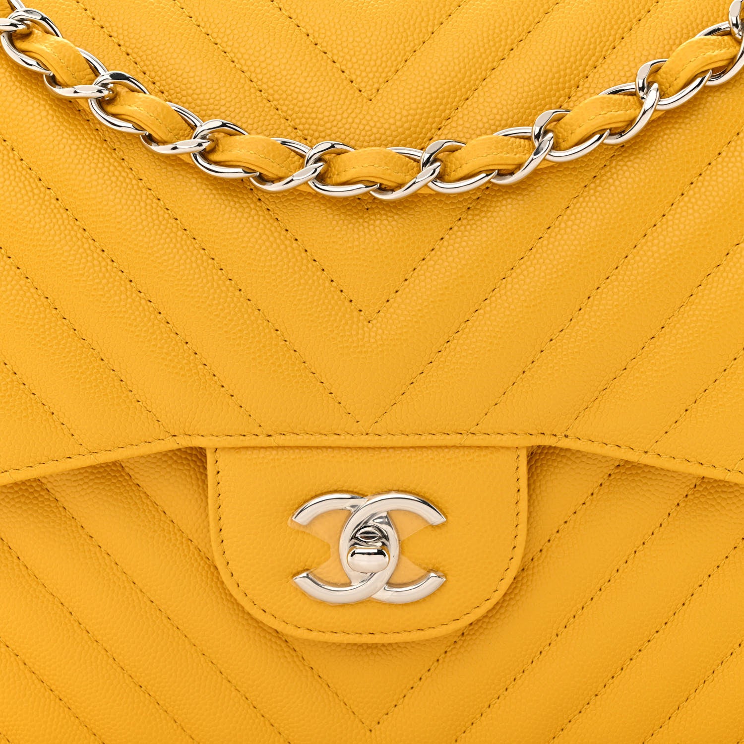 Chanel Caviar Chevron Quilted Jumbo Double Flap Yellow 8 of 11