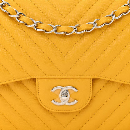 Chanel Caviar Chevron Quilted Jumbo Double Flap Yellow 8 of 11