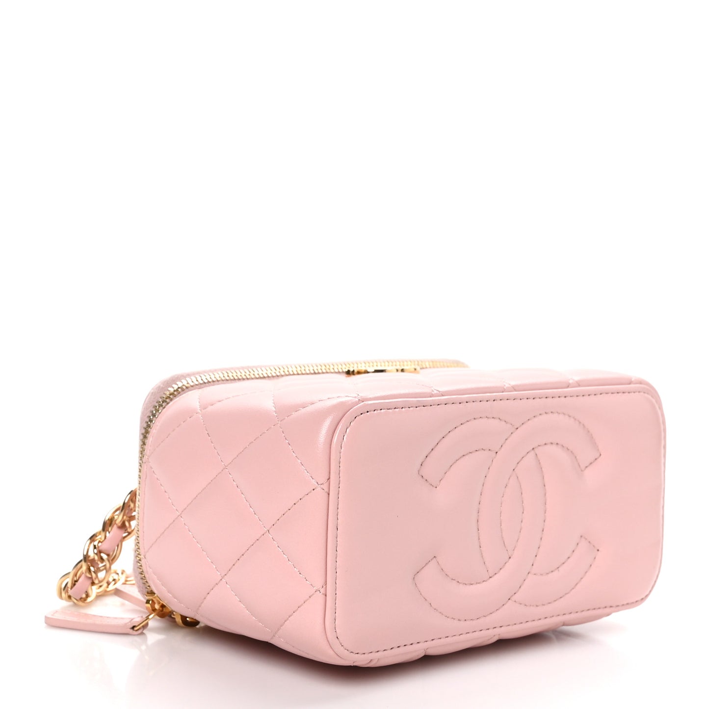 Lambskin Quilted Small Top Handle Vanity Case With Chain Light Pink