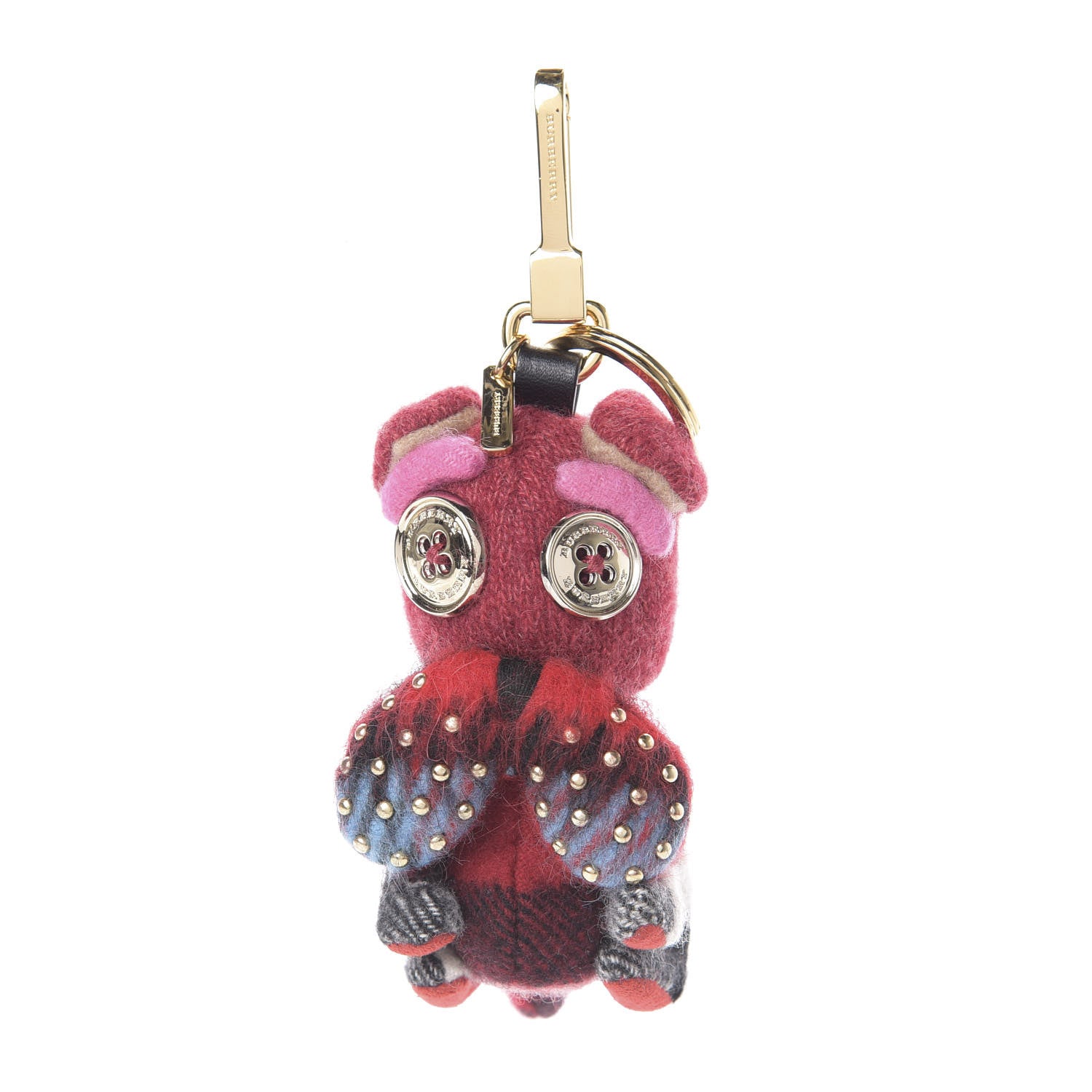 Burberry Calfskin Wool Cashmere Studded Seymour The Bulldog Bag Charm Coral 1 of 2