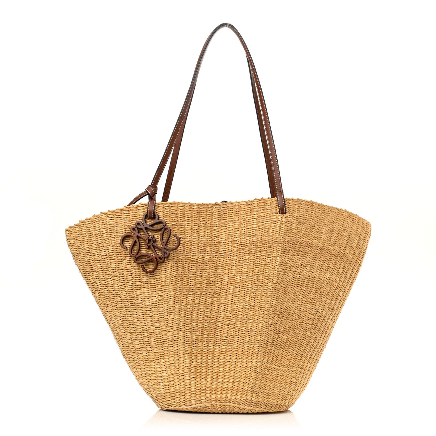 Raffia Calfskin Shell Basket Tote Natural Pecan