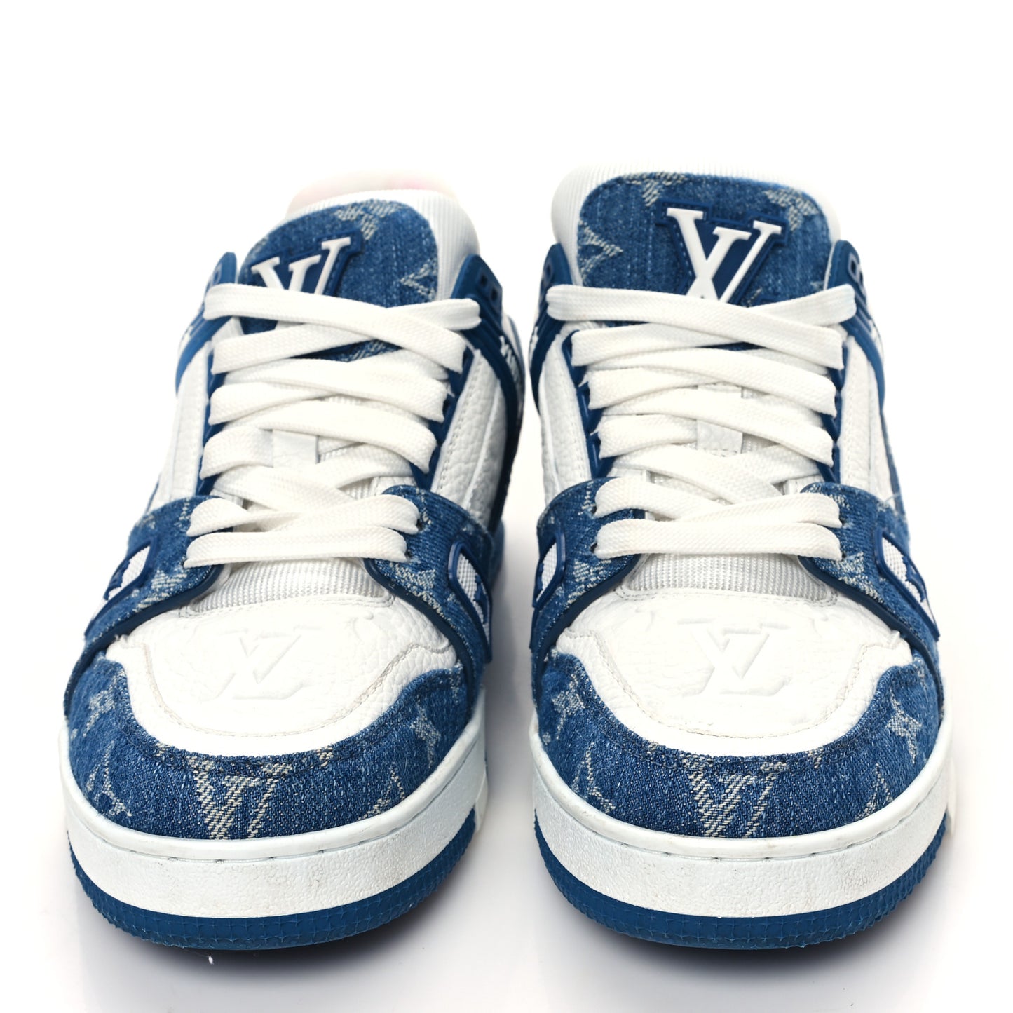Calfskin Embossed Monogram Denim Womens LV Trainer Sneakers 37 Blue