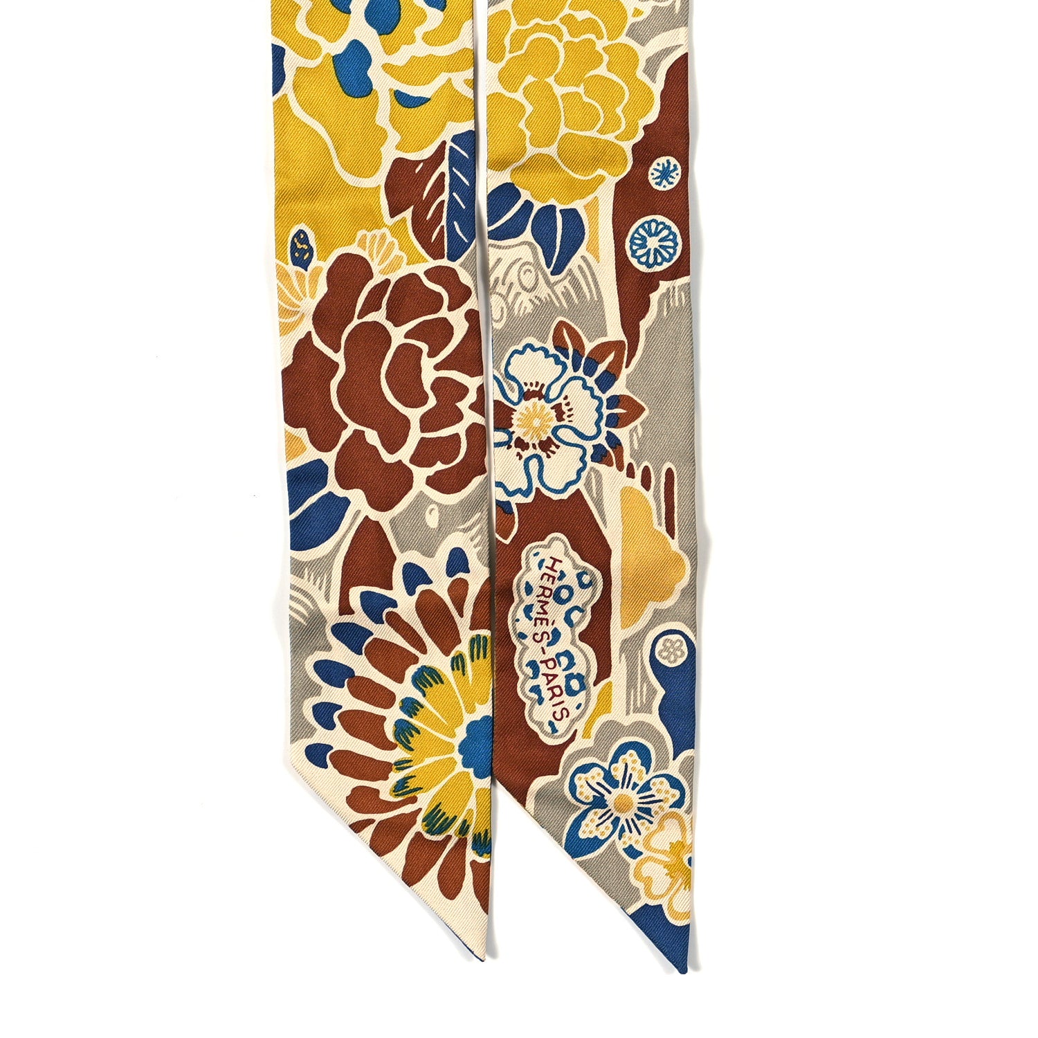 Hermes Silk Bingata Twilly Moutarde Bleu Brun 2 of 4