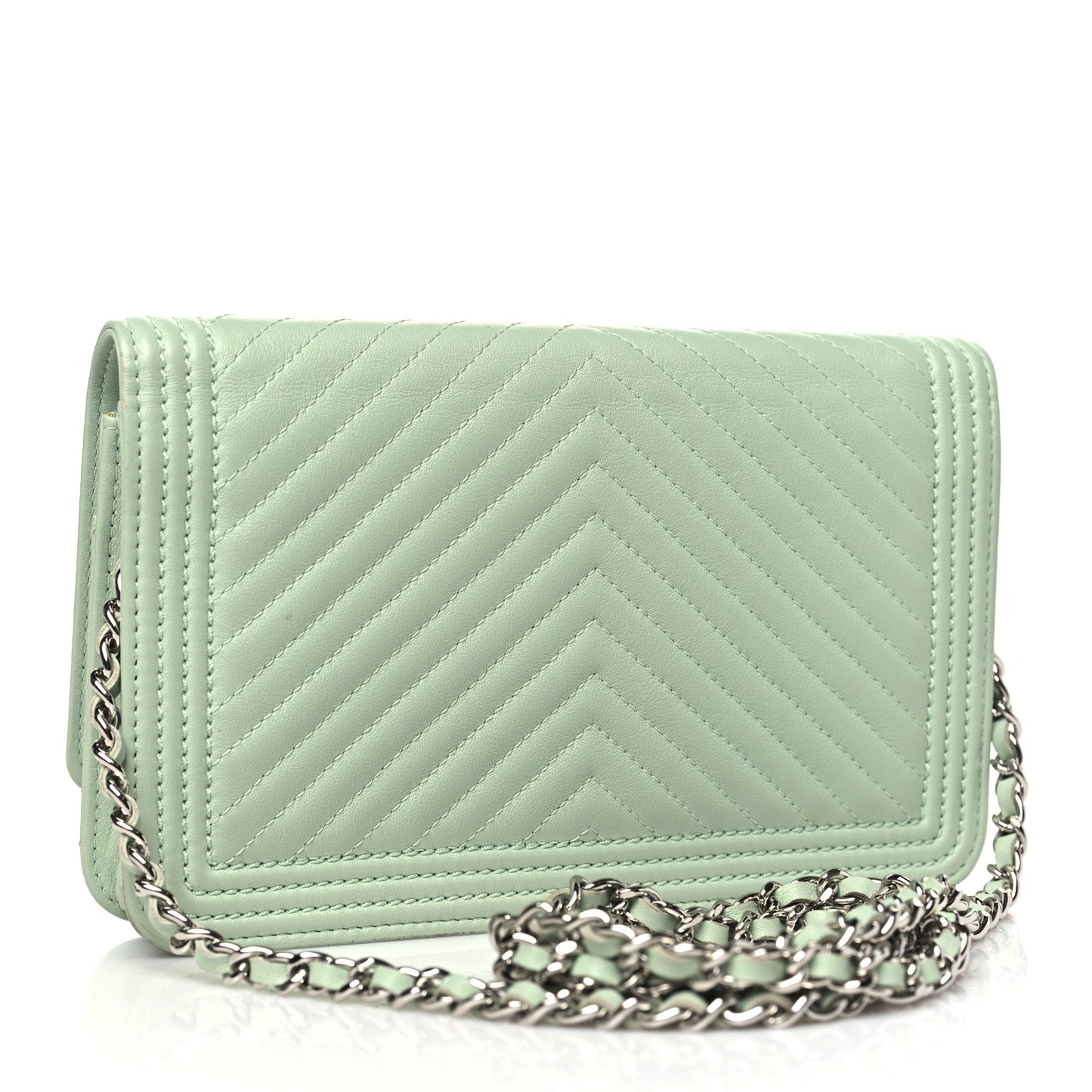 Lambskin Chevron Quilted Boy Wallet On Chain WOC Light Green