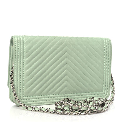 Chanel Lambskin Chevron Quilted Boy Wallet On Chain WOC Light Green 3 of 14