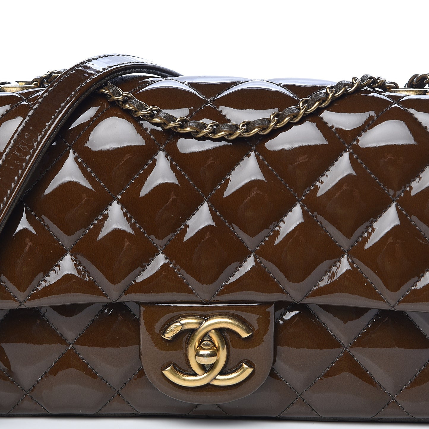 Patent Goatskin Quilted Medium CC Eyelet Flap Khaki
