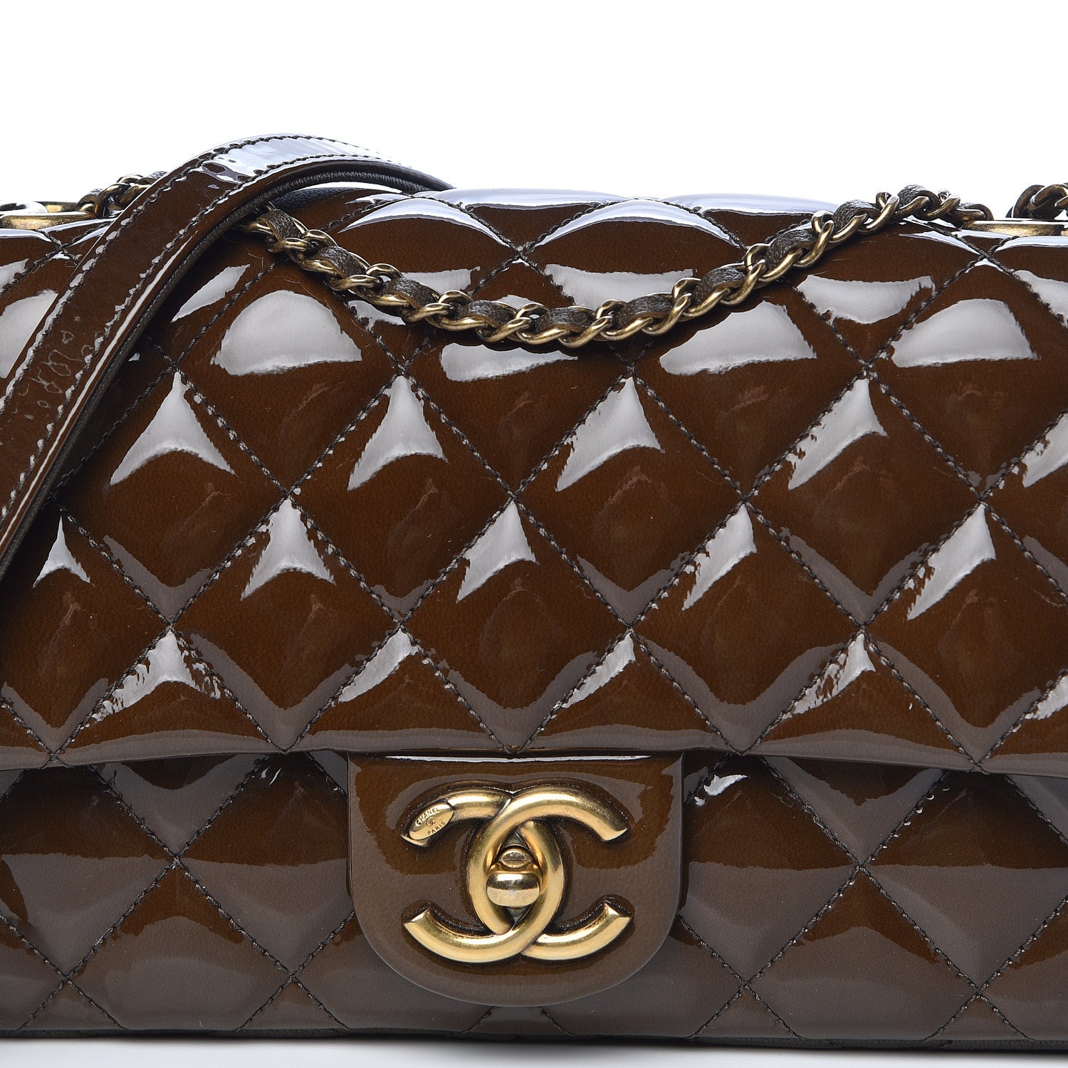 Chanel Patent Goatskin Quilted Medium CC Eyelet Flap Khaki 10 of 10