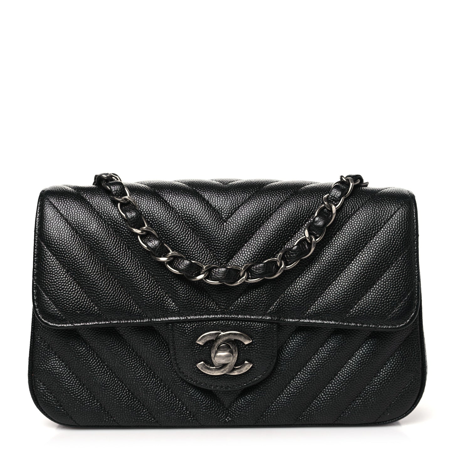 Metallic Caviar Chevron Quilted Mini Rectangular Flap Black