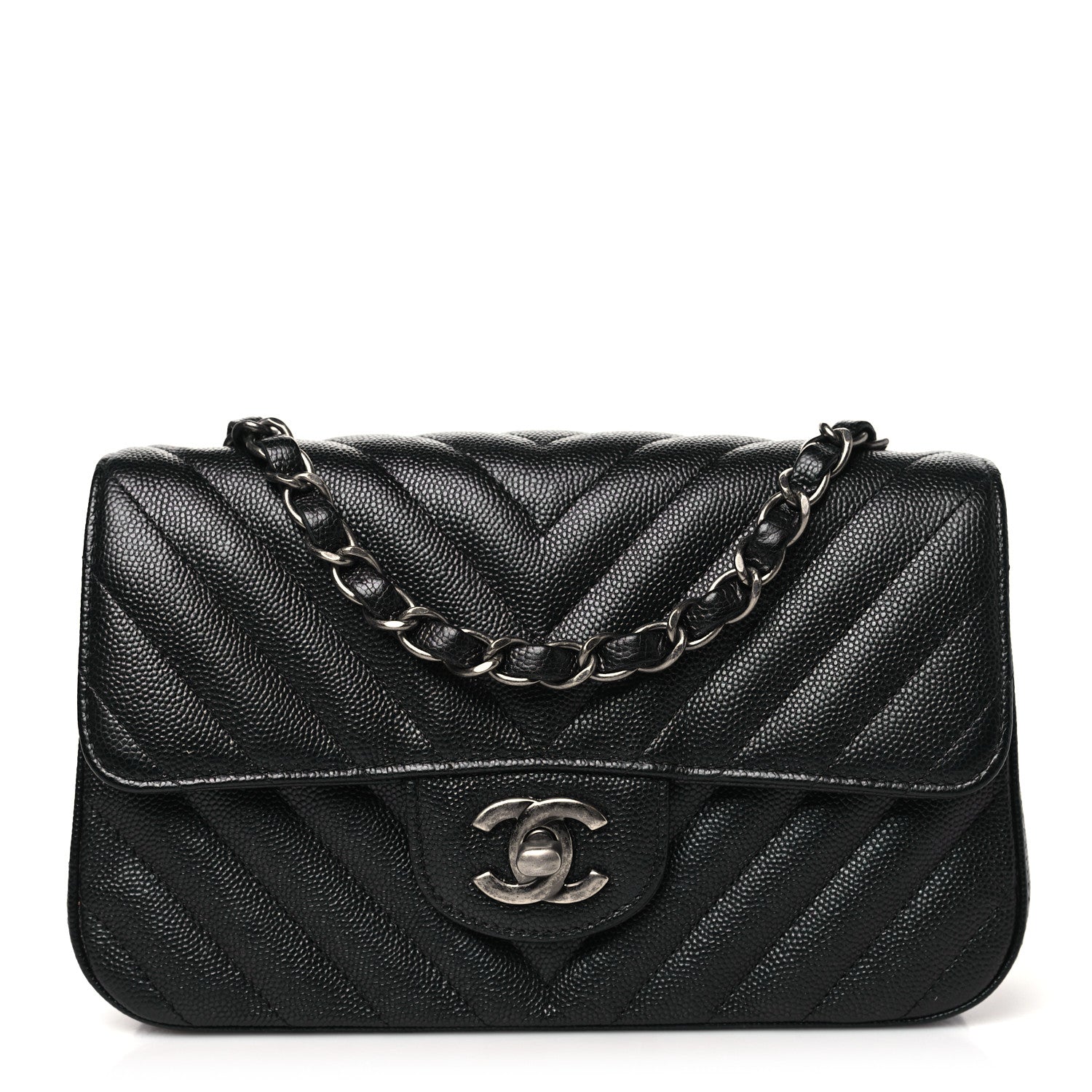 Chanel Metallic Caviar Chevron Quilted Mini Rectangular Flap Black 1 of 11