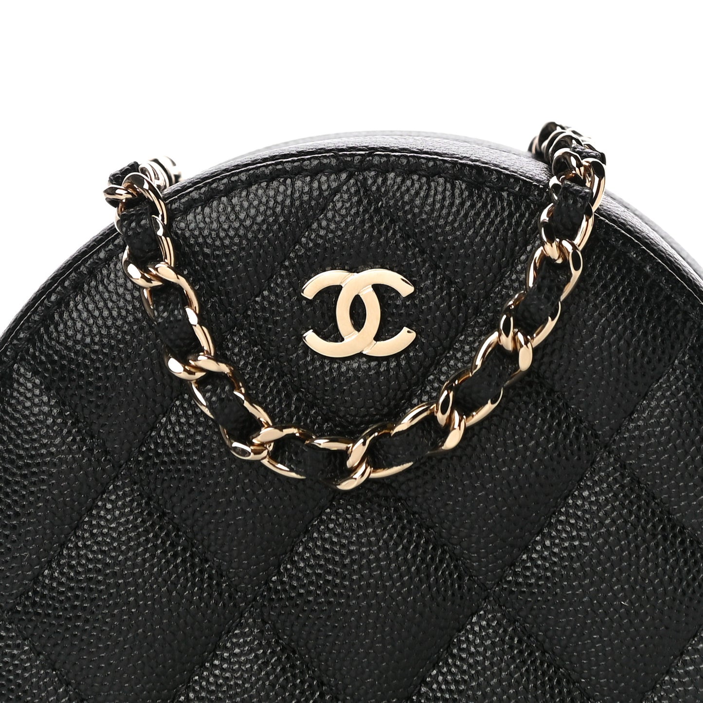 Caviar Quilted Round Clutch With Chain Black