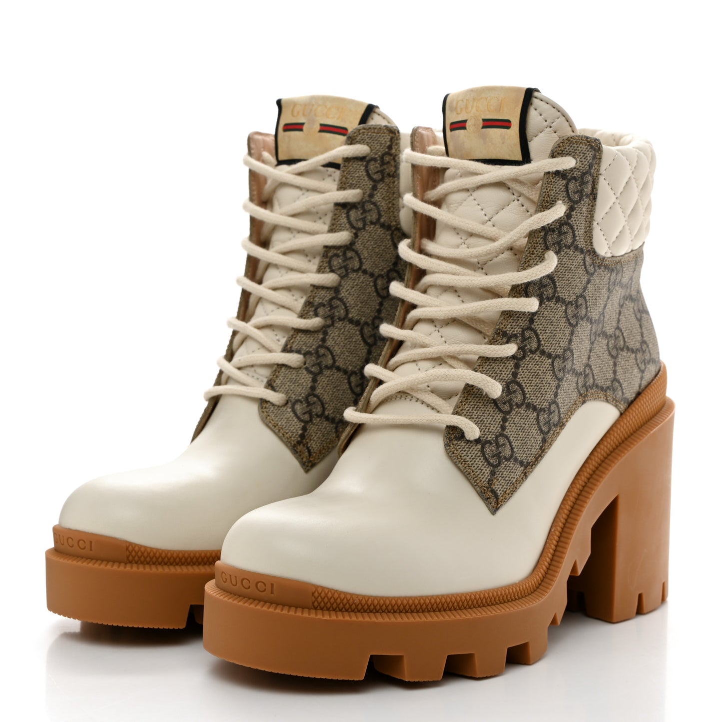 Calfskin GG Supreme Monogram Nappa Quilted Lace Up Ankle Boots 36.5 Mystic White Beige