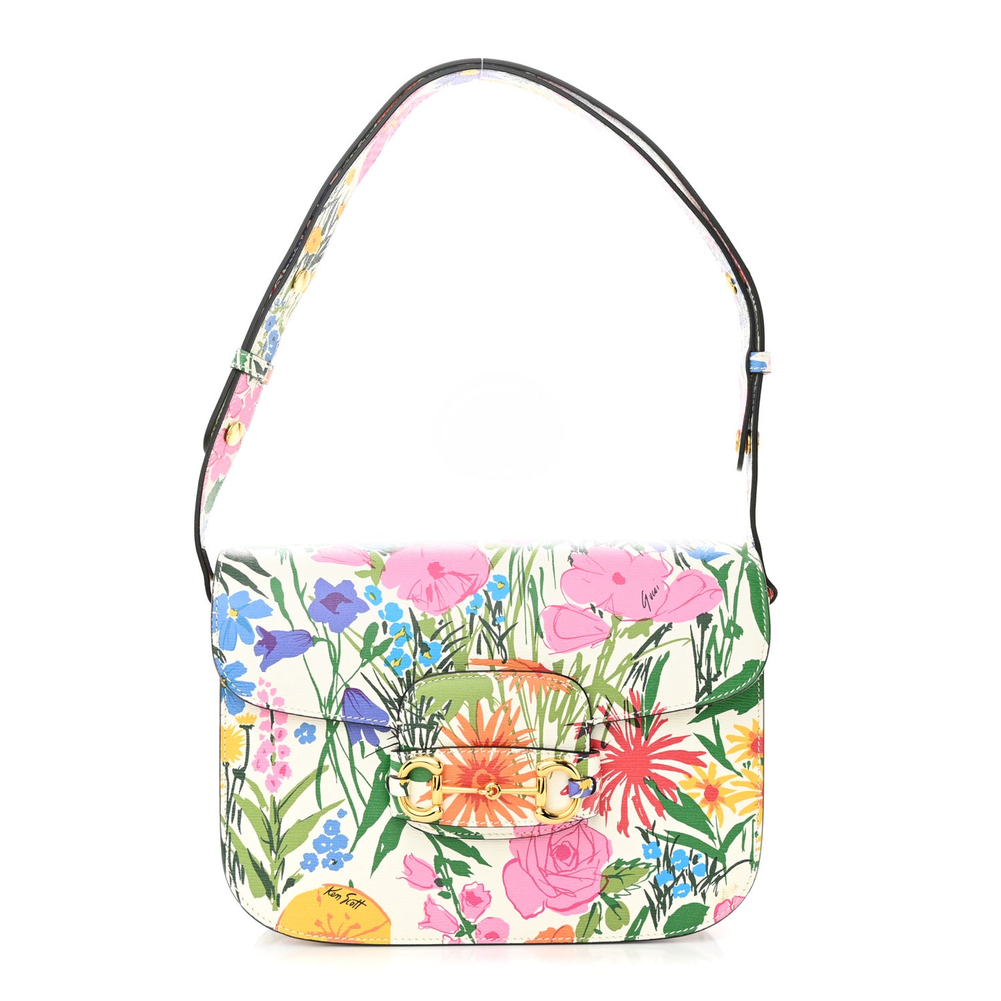 X KEN SCOTT New Shangai Calfskin Jardin D'Avril Floral Print Horsebit 1955 Shoulder Bag Ivory Pink Wild Rose