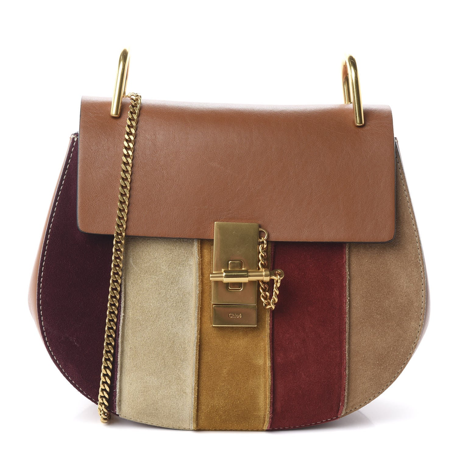 Chloe Smooth Calfskin Suede Striped Patchwork Drew Shoulder Bag Caramel 1 of 8