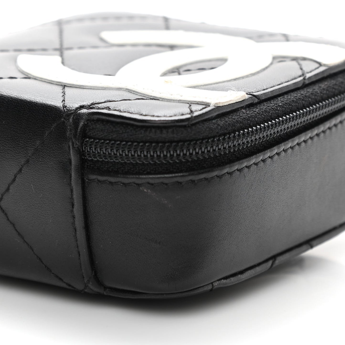 Calfskin Quilted Cambon Zip Around Makeup Pouch Black White