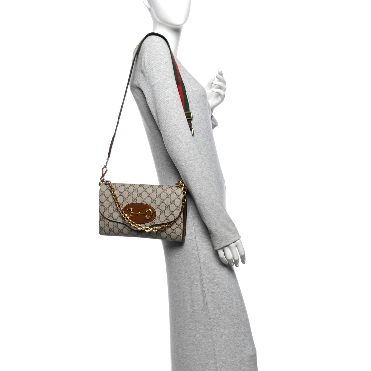 GG Supreme Monogram Azalea Calfskin Web Small Horsebit 1955 Crossbody Bag Beige Ebony Brown Sugar
