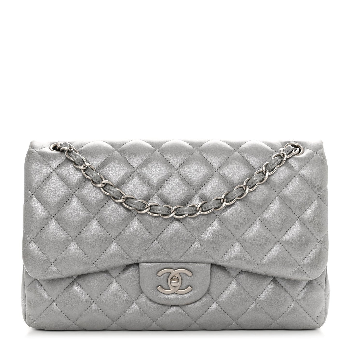 Metallic Lambskin Quilted Jumbo Double Flap Silver