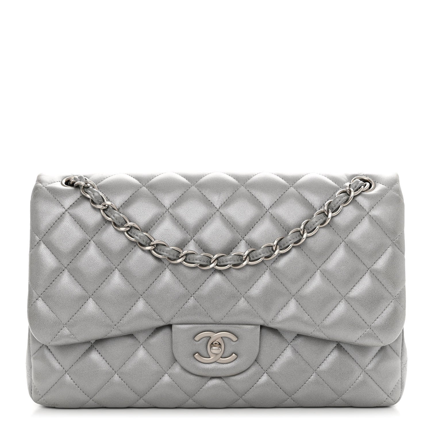 Chanel Metallic Lambskin Quilted Jumbo Double Flap Silver 1 of 12
