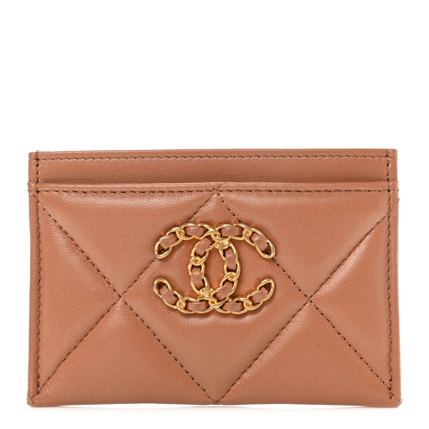 Lambskin Quilted Chanel 19 Card Holder Brown